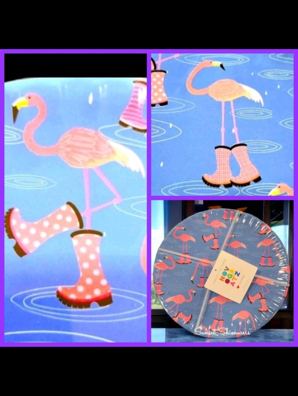 8pc SET PINK FLAMINGO In Rain Boots MELAMINE 10.25” Dinner Plates Novogratz NEW